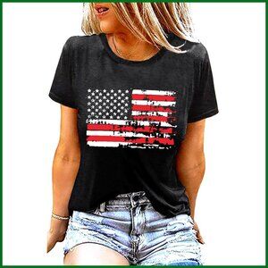 Vintage Bleached American Flag Graphic T-Shirt Short Sleeve V-Neck Patriotic Tee